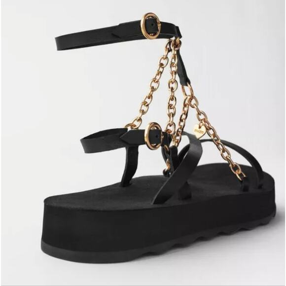 NEW Maje Frankie Chain Trimmed Charm Black Leather Platform Sandal - Picture 4 of 13
